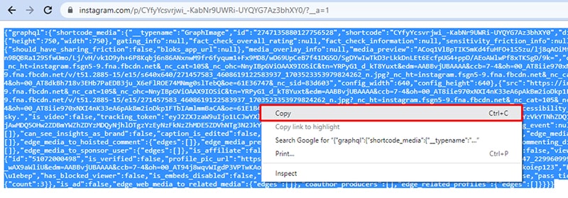 Zvýrazněte a zkopírujte veškerá data příspěvku na Instagramu (Poznámka: Musíte zkopírovat celou věc a nesmíte přeskočit žádné znaky).